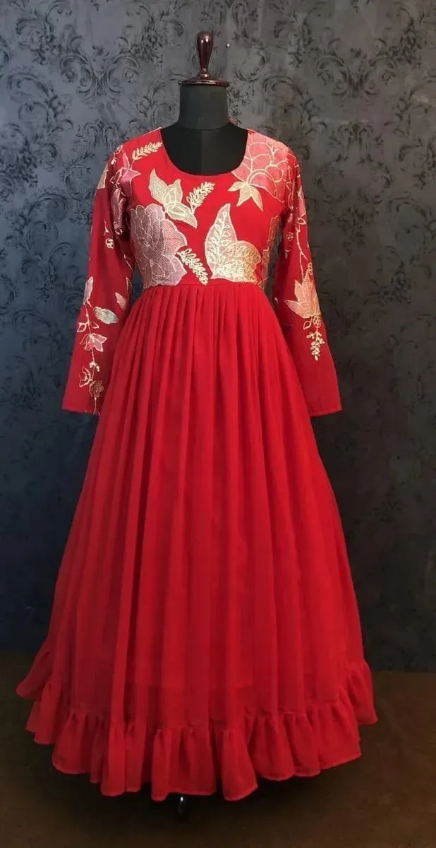 Red Designer Blooming Georgette Gown With Embroidery And Sequins Work