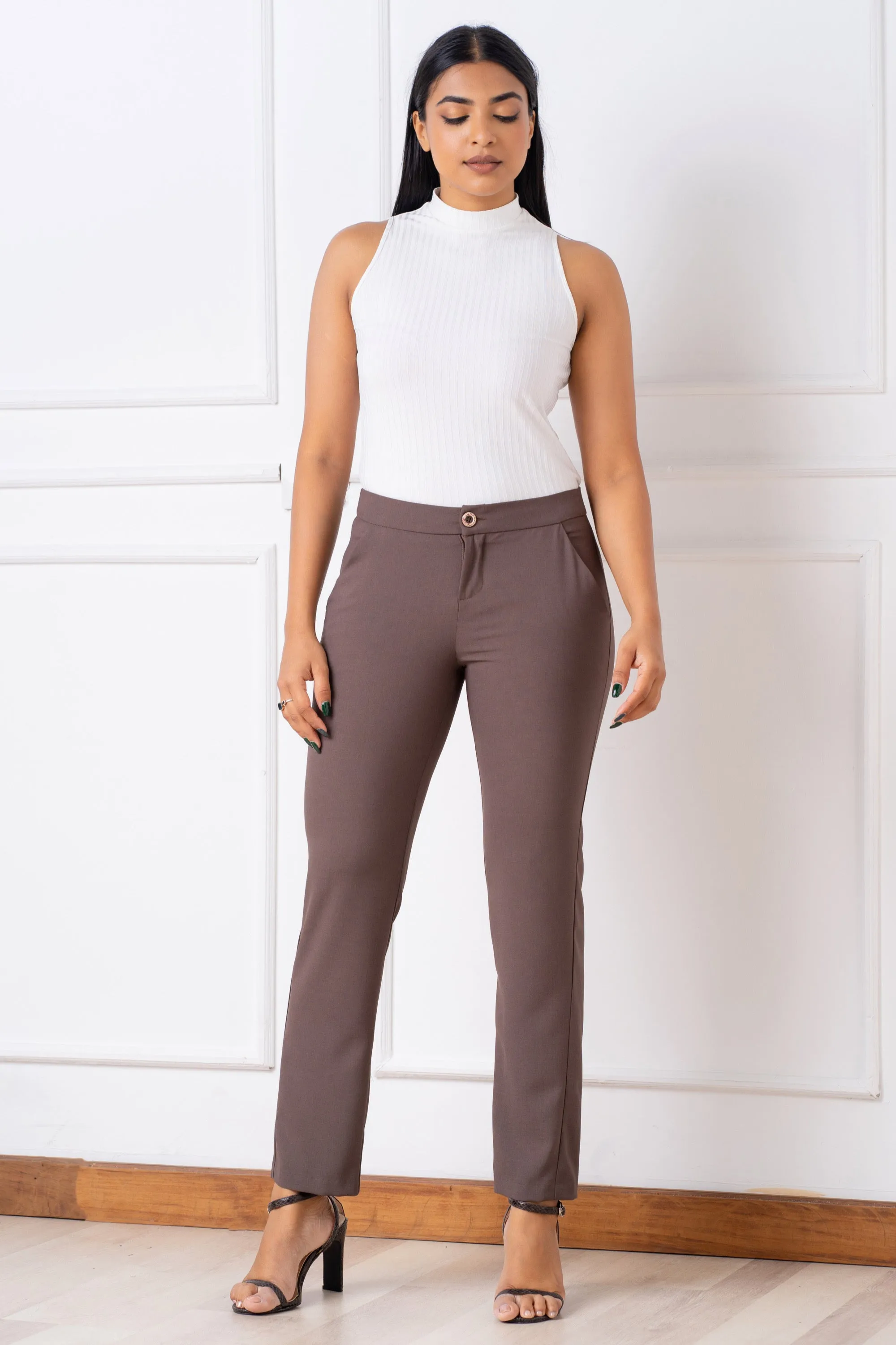 Regular Waist Front Button Slim Cut Pant- Slim Fit