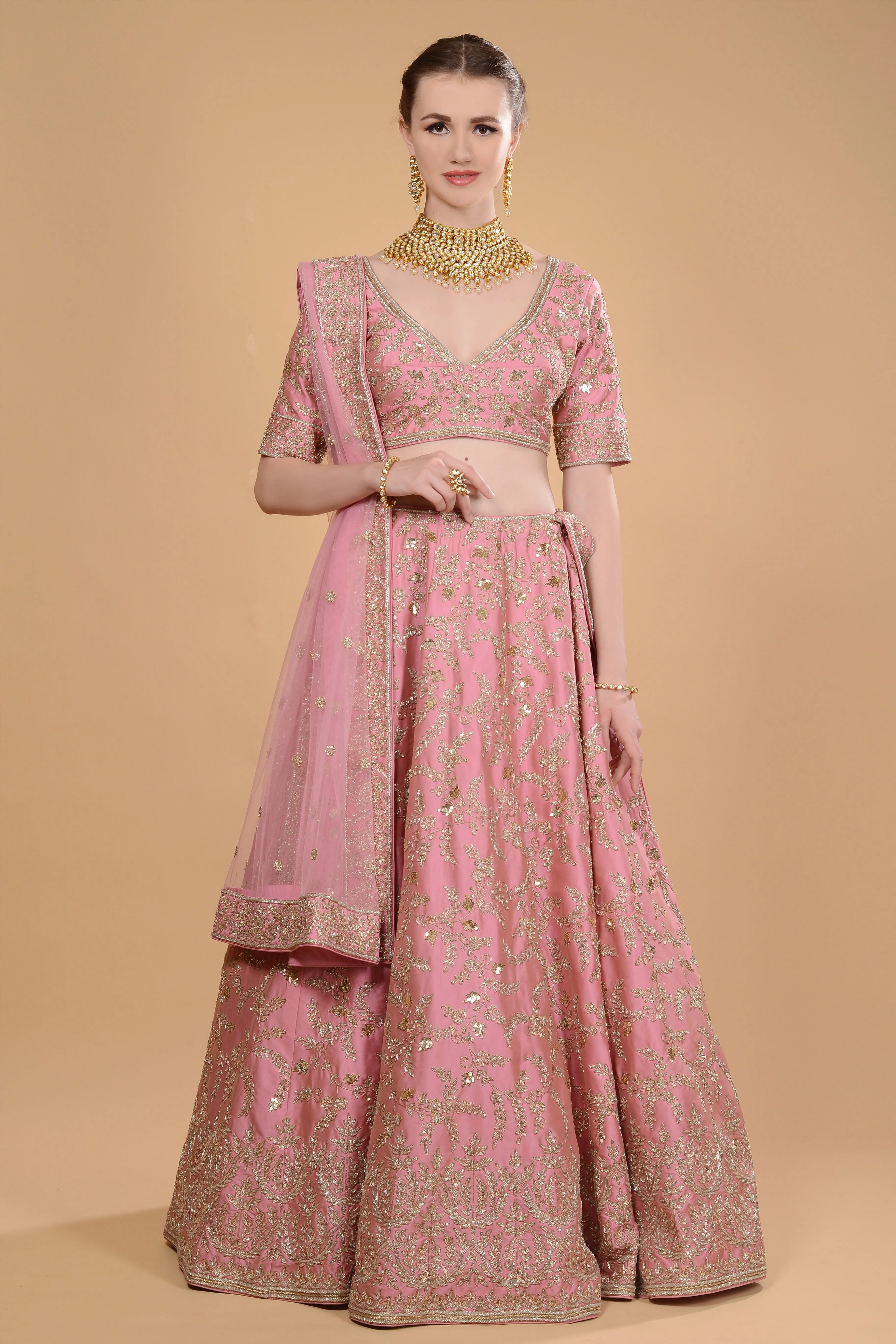 Rosy Pink Embroidery Lehenga Set.