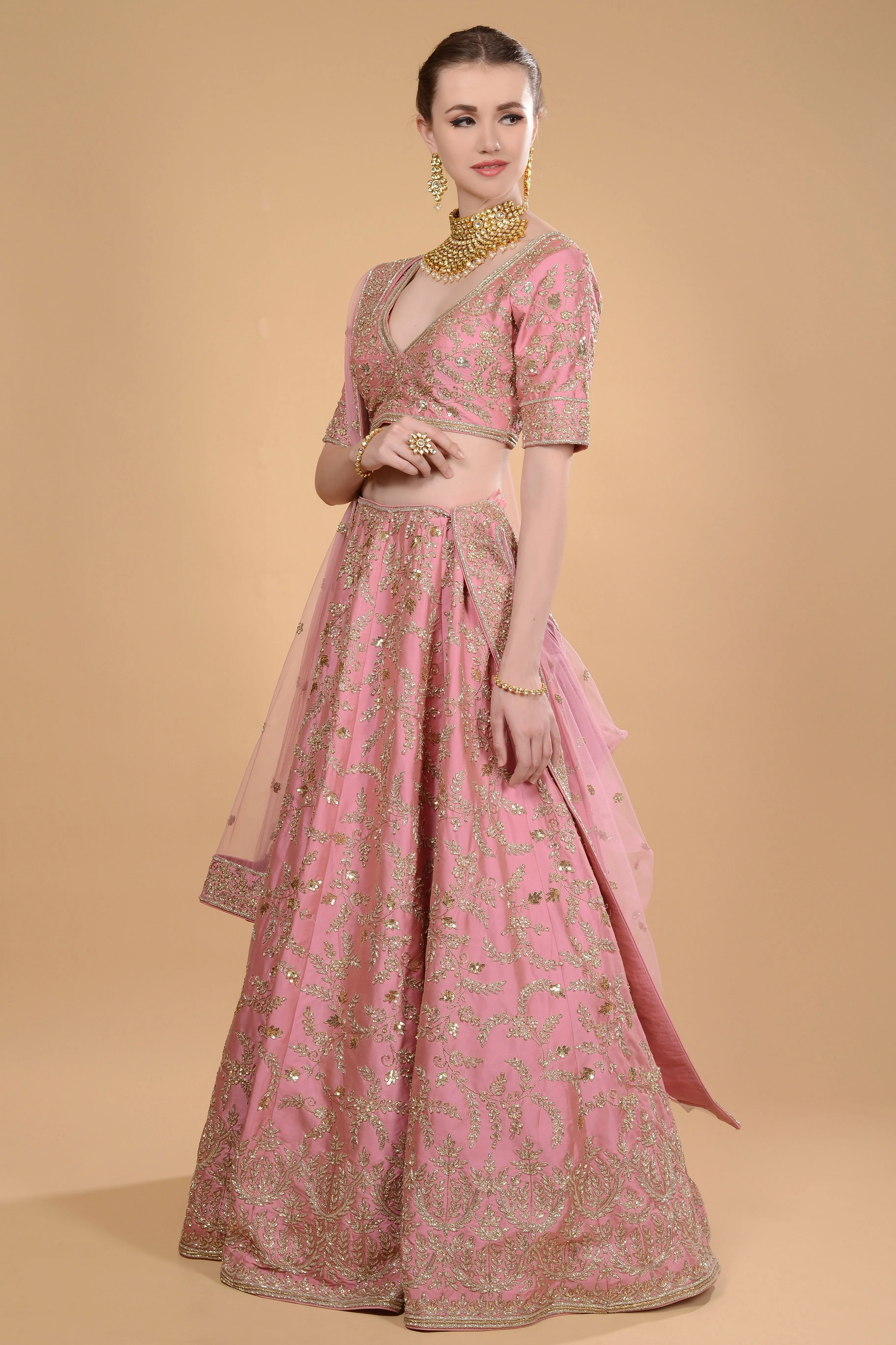 Rosy Pink Embroidery Lehenga Set.