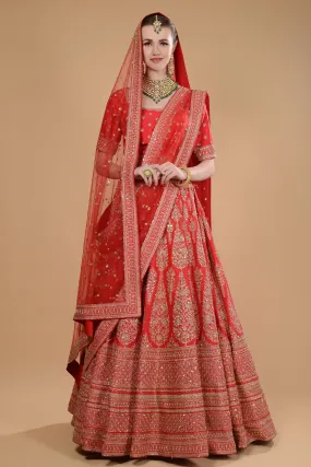 Scarlet Red Embroidered Lehenga Set.