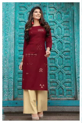 Sensational Maroon Slub Rayon Kurti With Beige Palazzo Pants