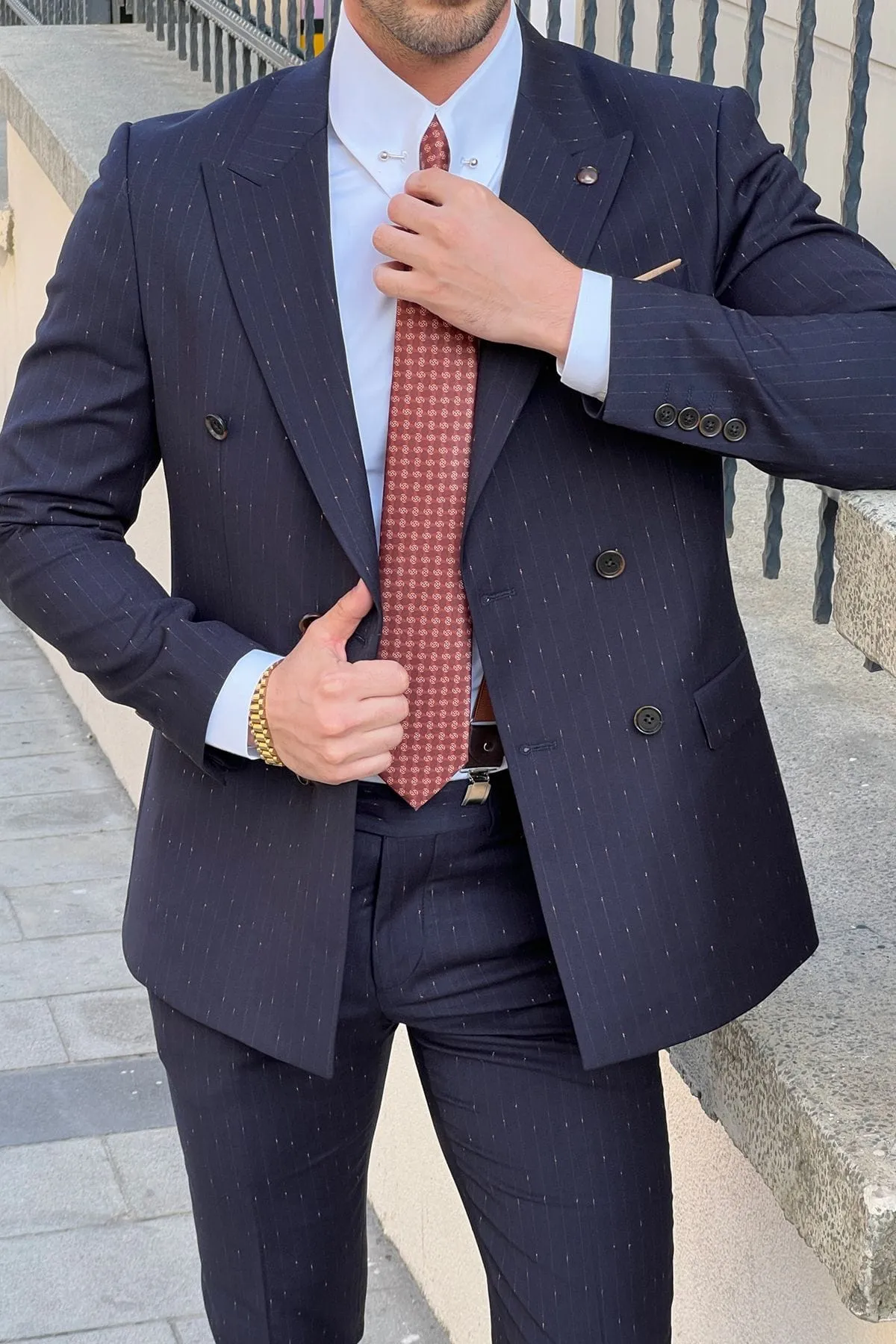 Slim-Fit Striped Double-Breasted Navy blue Wool Suit