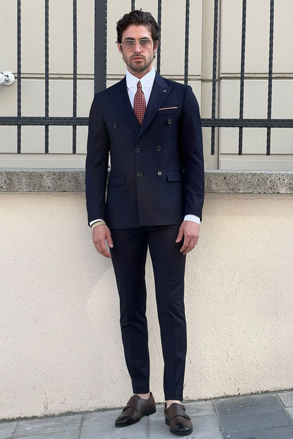 Slim-Fit Striped Double-Breasted Navy blue Wool Suit