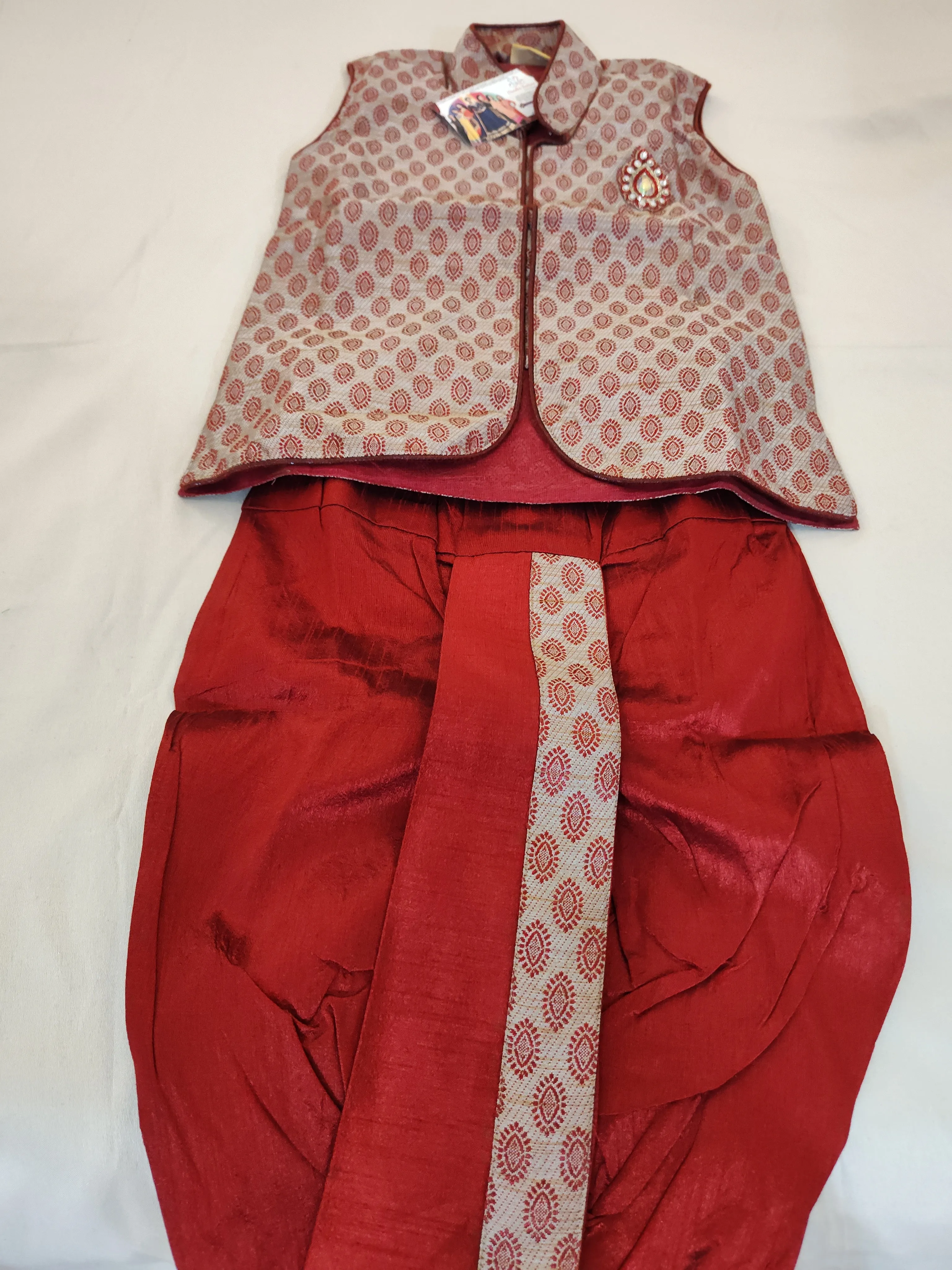 Traditional Maroon Color Kids Dhoti Style Pant With Brooch Pin