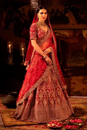 Vermilion red Bridal Lehenga Set.