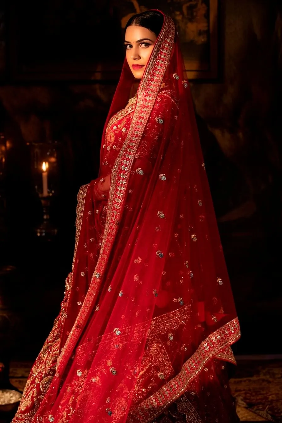 Vermilion red Bridal Lehenga Set.