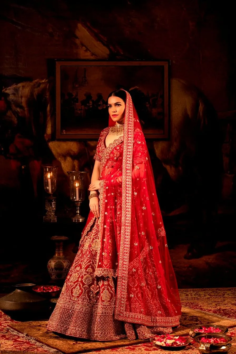 Vermilion red Bridal Lehenga Set.