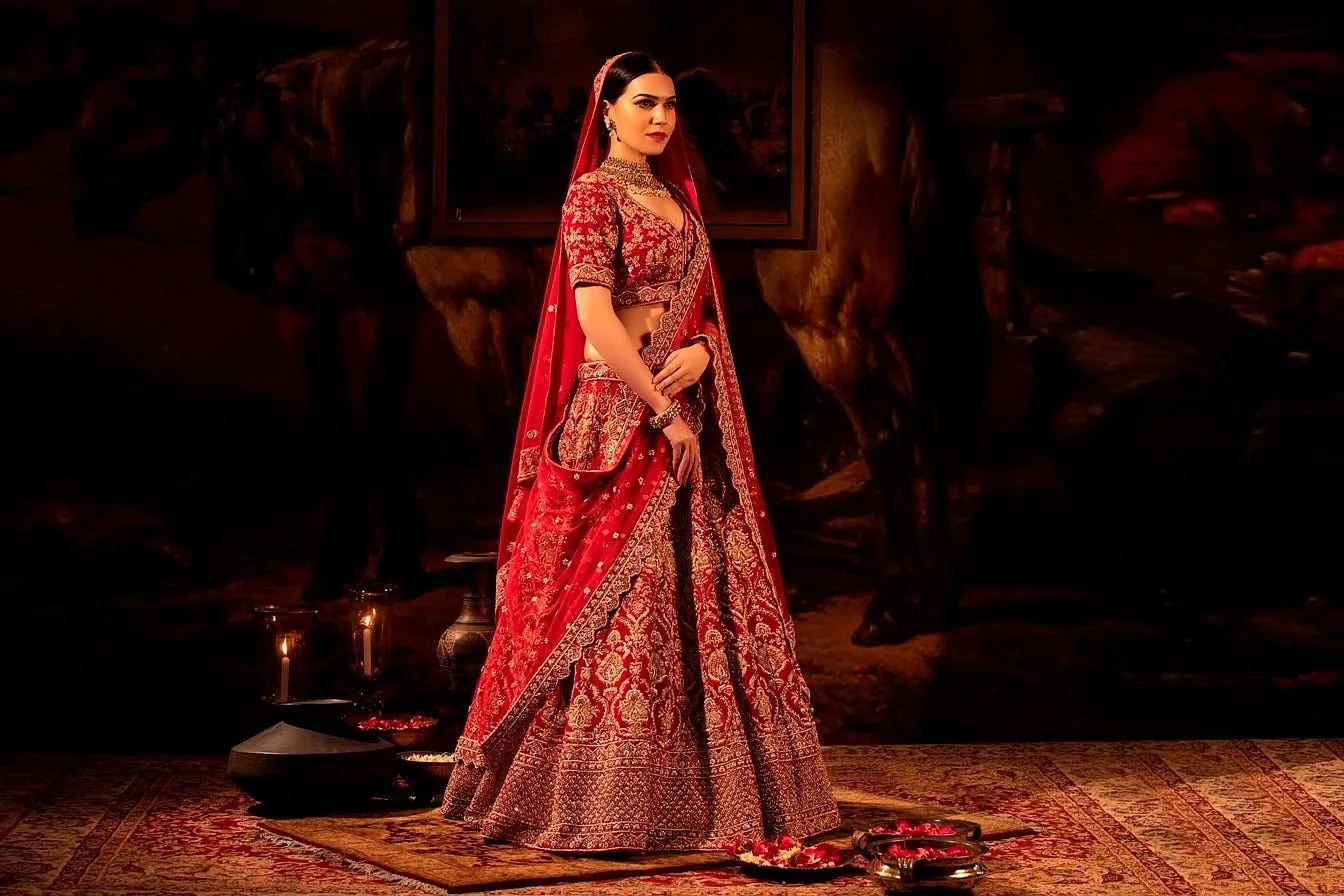 Vermilion red Bridal Lehenga Set.