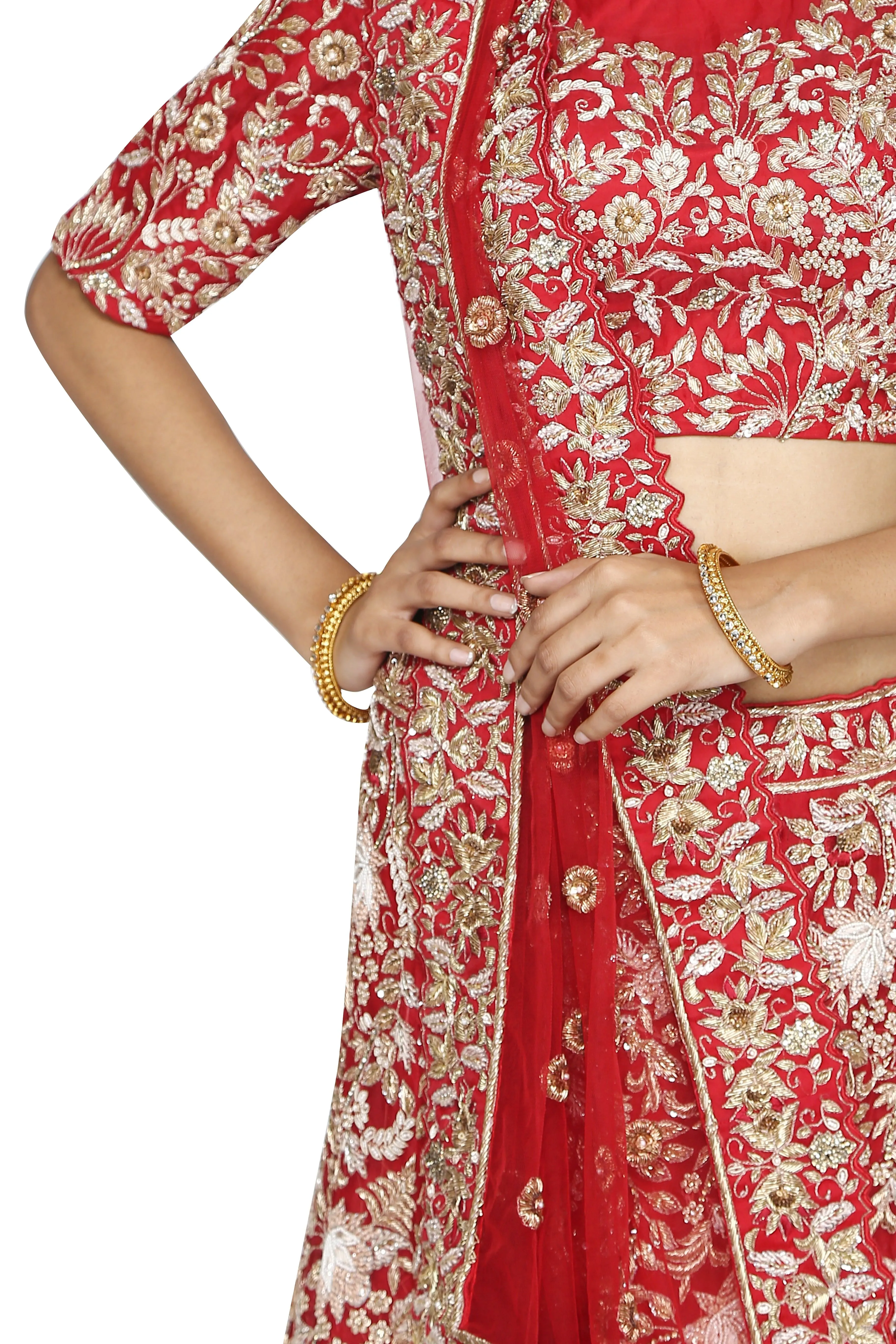 Vermilion red lehenga set.