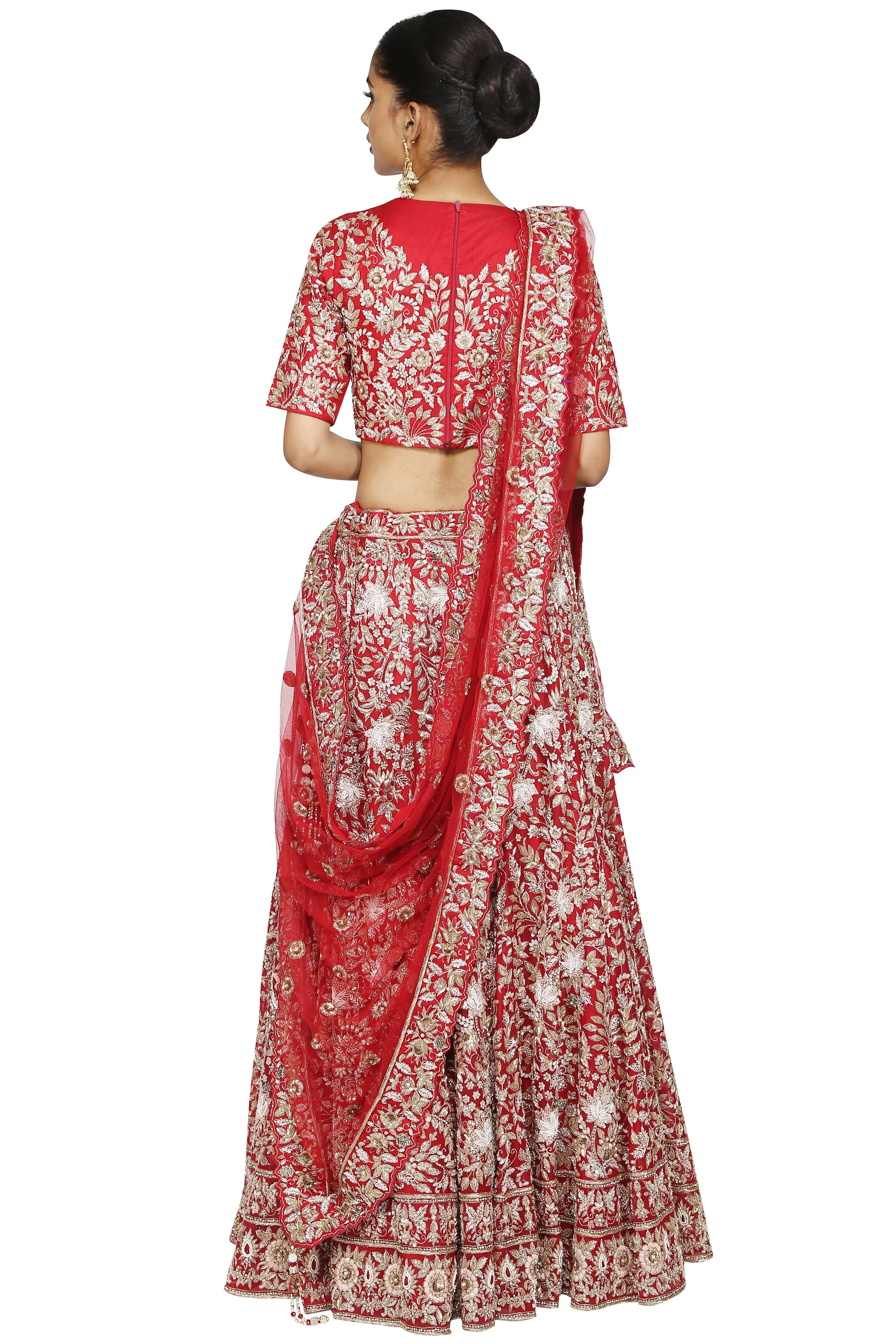 Vermilion red lehenga set.