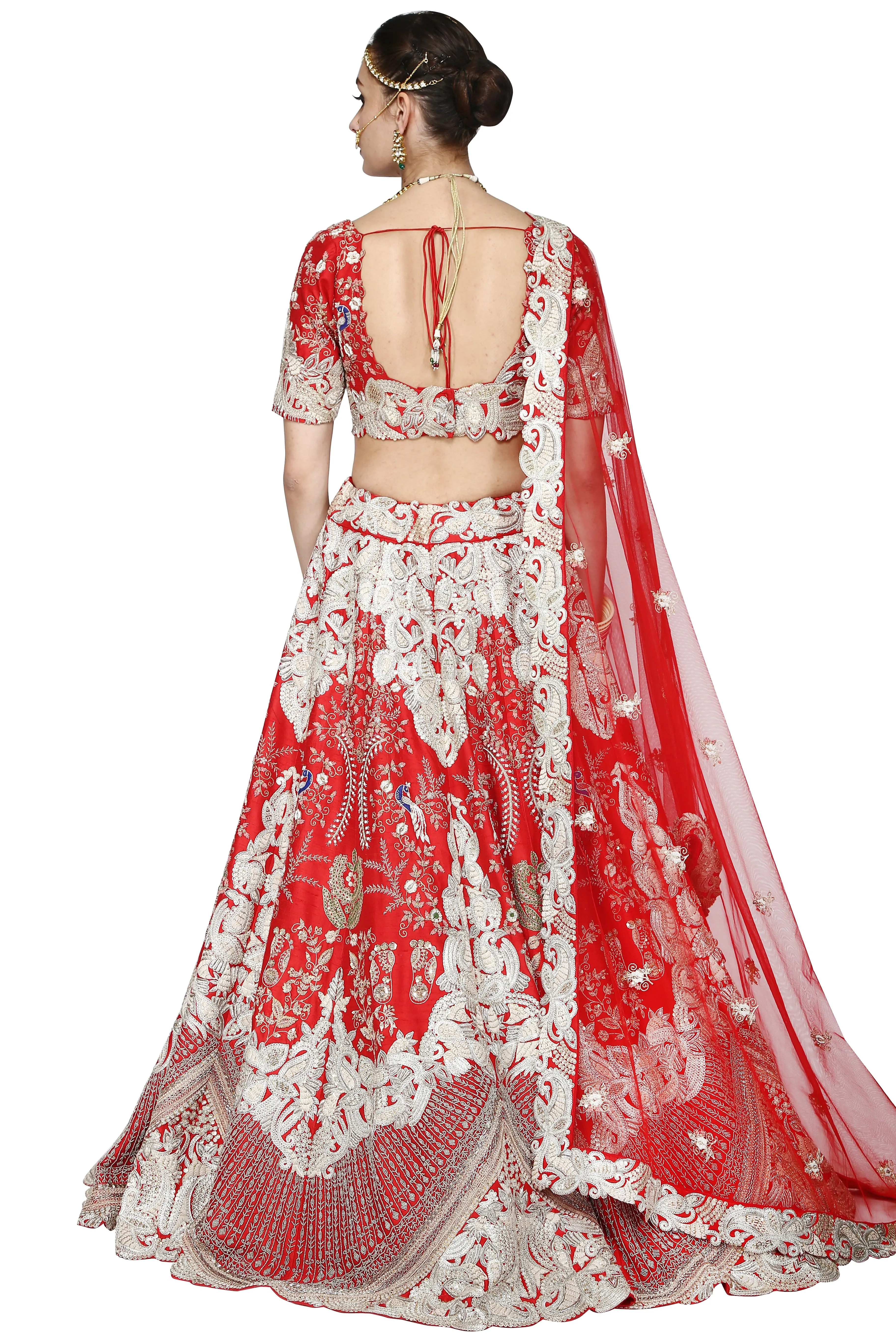 Vermilion red lehenga set.