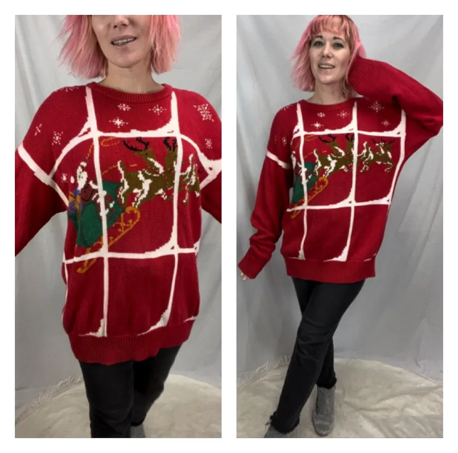 Vintage 80s 90s | Red Tacky Knit Ugly Christmas Sweater Sweatshirt | L