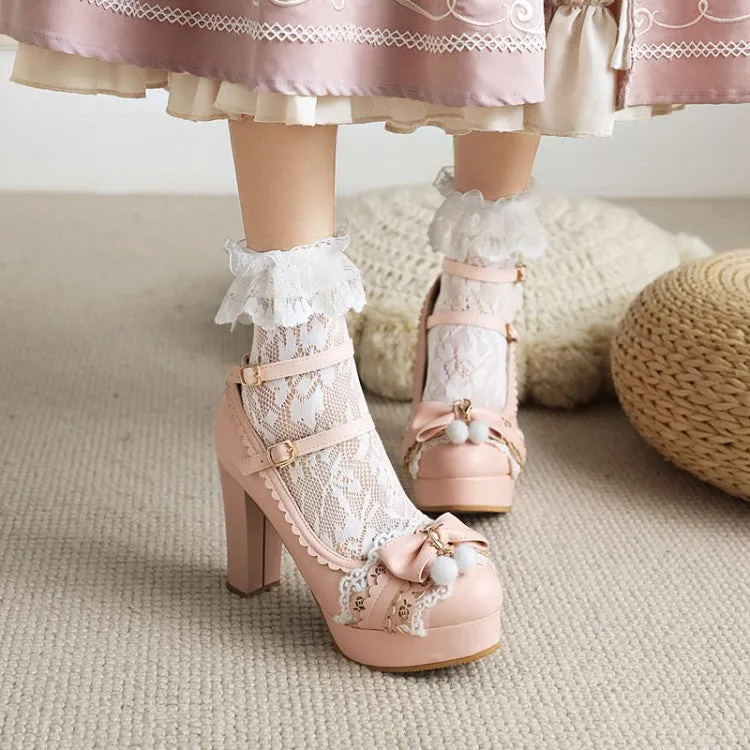 Women's Lolita Bow Tie Almond Toe Lace Ankle Strap Chunky Heel Platform Pumps