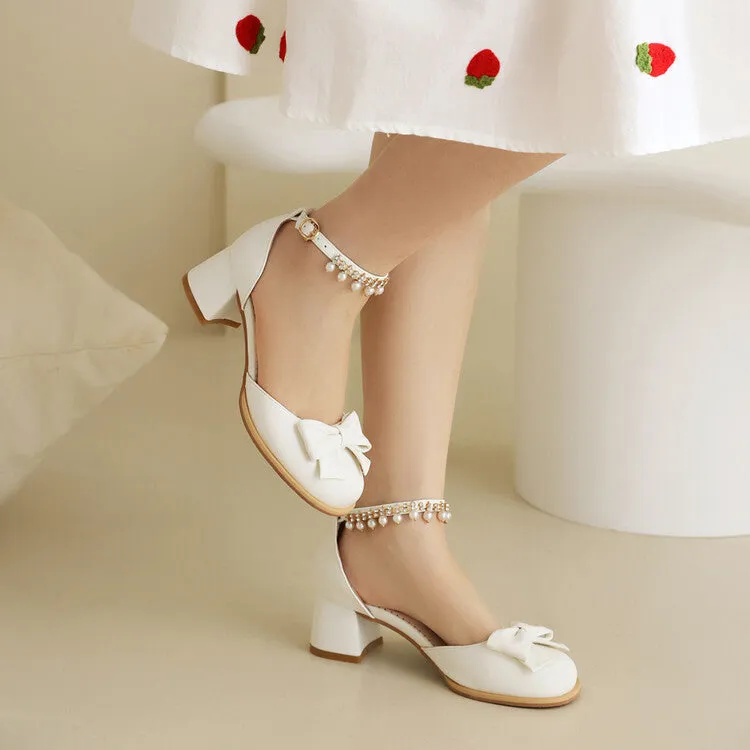 Women's Round Toe Bow Tie Pearls Ankle Strap Block Chunky Heel Sandals