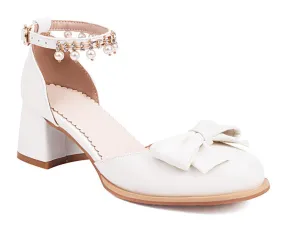 Women's Round Toe Bow Tie Pearls Ankle Strap Block Chunky Heel Sandals